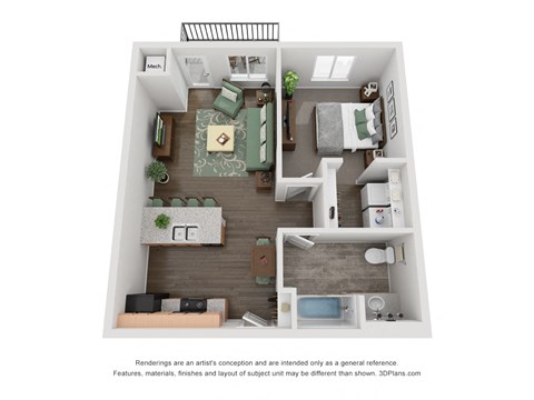 Floor plan for 1 bed, 1 bath, 663 sqft